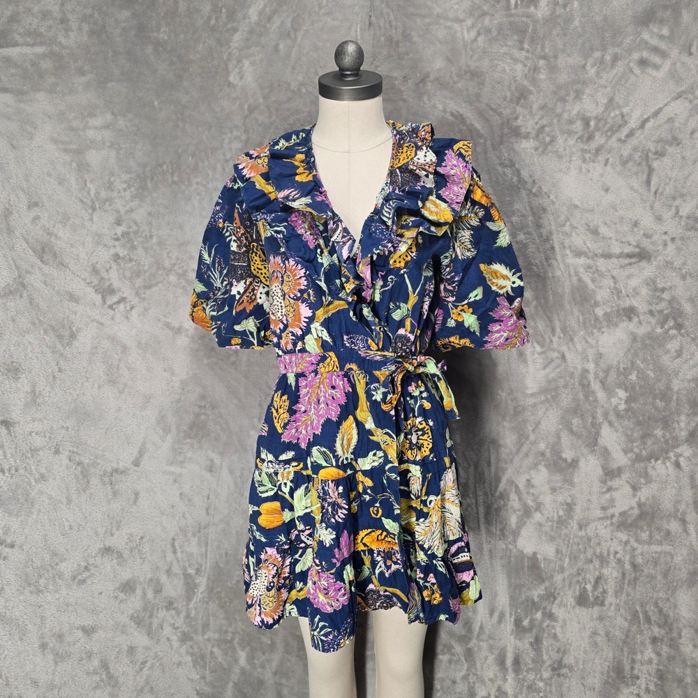 House of Harlow Mini Wrap Dress Women M Floral Ruffle Cottage‎ Boho Puff Tiered